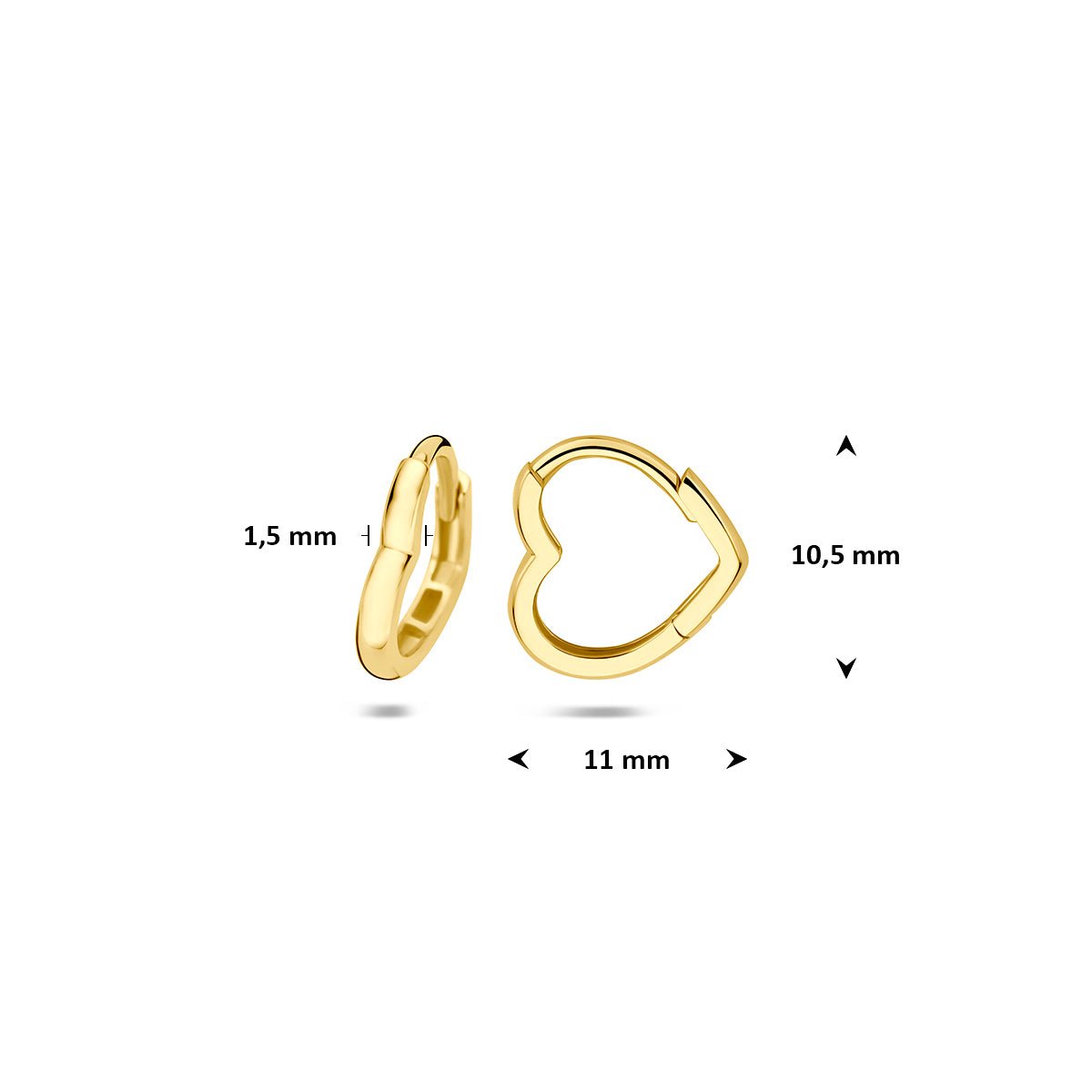 Oorringen met hartje: afmetingen van de 14 karaat geelgouden hartvormige klapoorringen, 10,5 mm hoog en 11,0 mm breed.