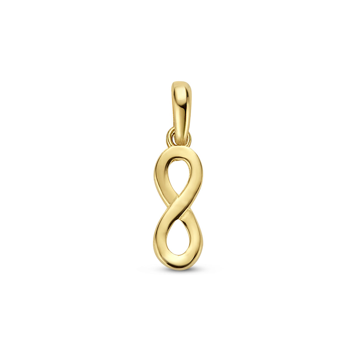 Vooraanzicht van de 14 karaat geelgouden infinity hanger, 13,5 mm hoog en 4,5 mm breed.