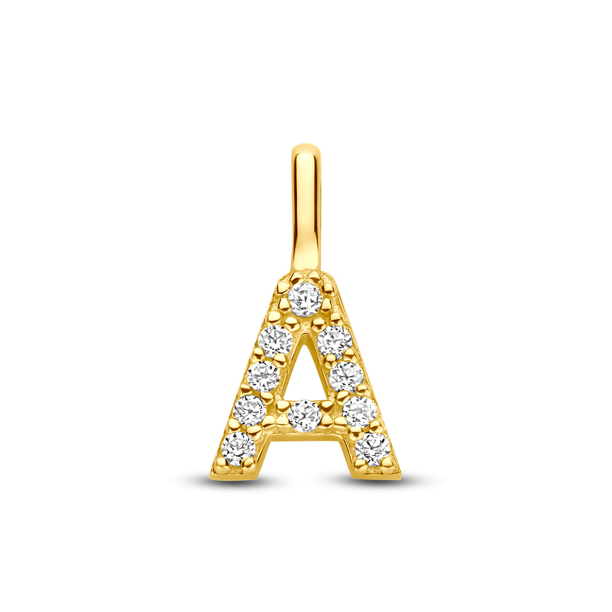 Initiaal hanger goud: vooraanzicht van de geelgouden letterhanger met zirkonia van 14 karaat, letter A.