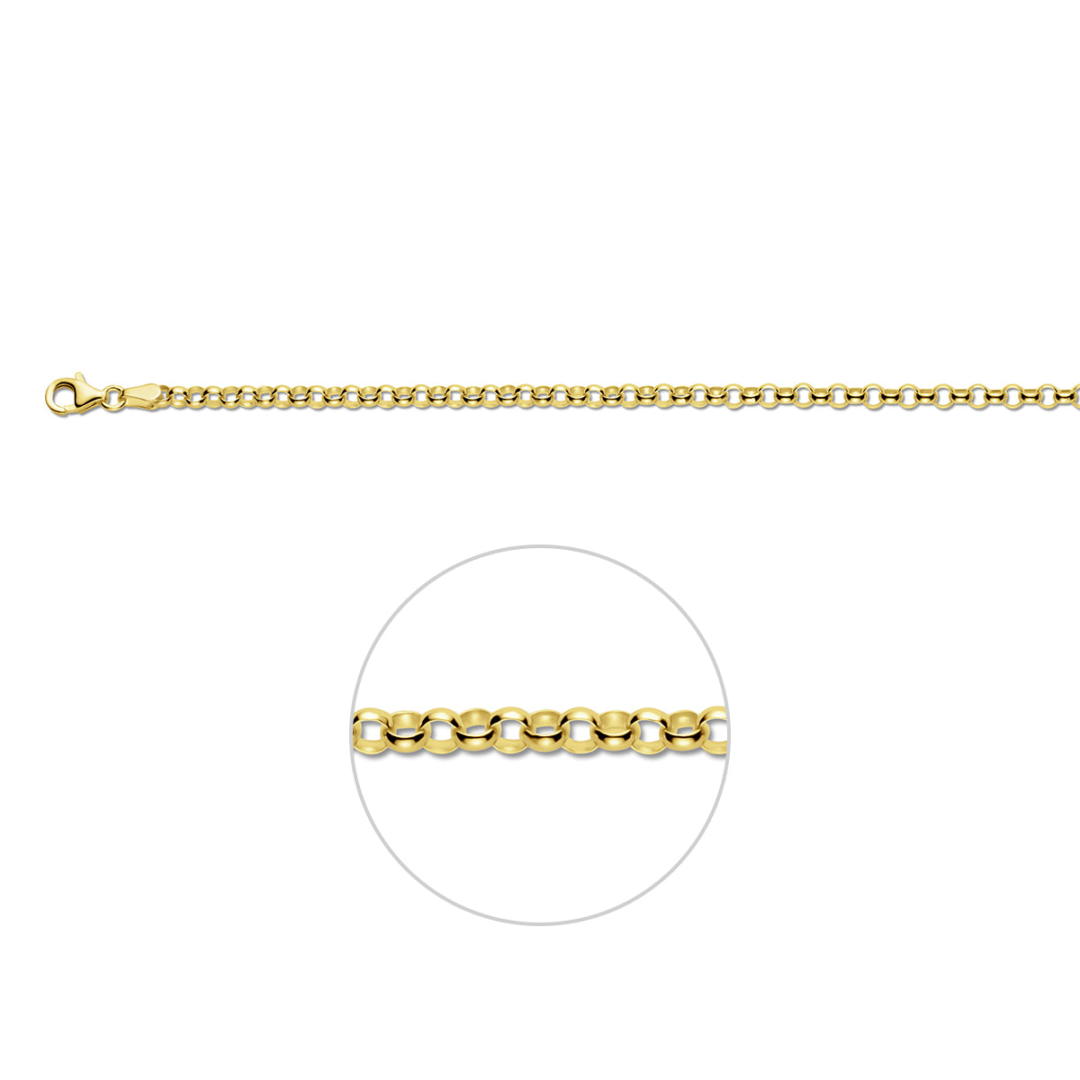 Gouden jasseron armband: 14 karaat geelgouden jasseron armband van 3,3 mm breed, vooraanzicht