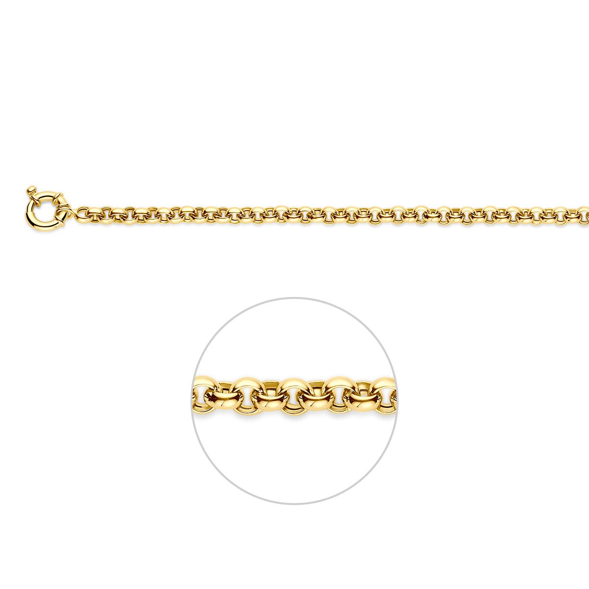 Gouden jasseron armband: 14 karaat geelgouden jasseron armband met groot veerslot van 5,0 mm breed, vooraanzicht