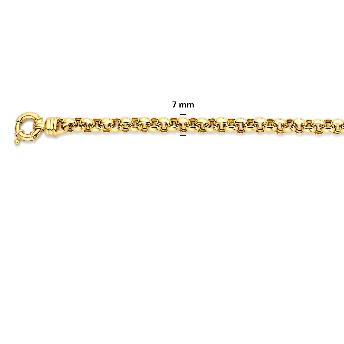 Gouden jasseron armband: 14 karaat geelgouden jasseron armband met groot veerslot, met de schakelbreedte van 7,0 mm aangegeven