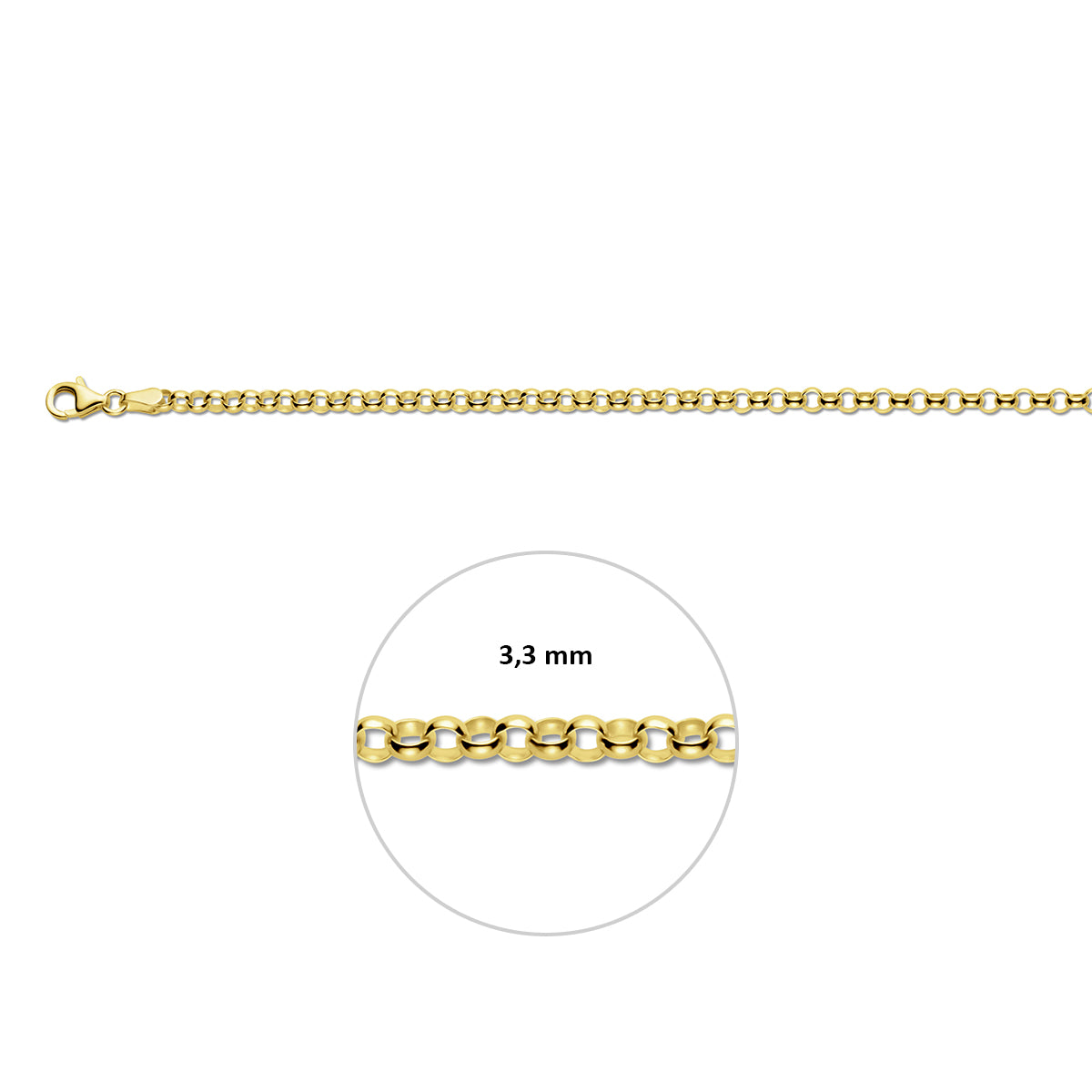 Gouden jasseron ketting: 14 karaat geelgouden jasseron halsketting, met de schakelbreedte van 3,3 mm aangegeven