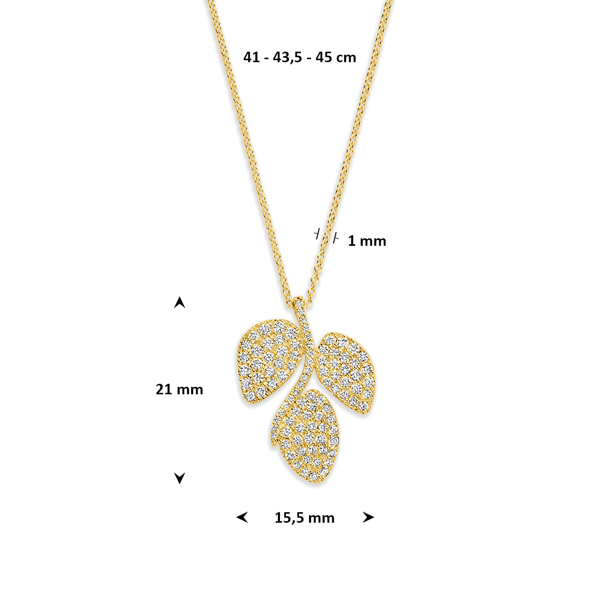 Gouden ketting met diamant: afmetingen van de 14 karaat geelgouden ketting met blaadjes en diamant 0,60 ct, hanger van 21,0 mm en lengte 42 - 43,5 - 45 cm (verstelbaar).