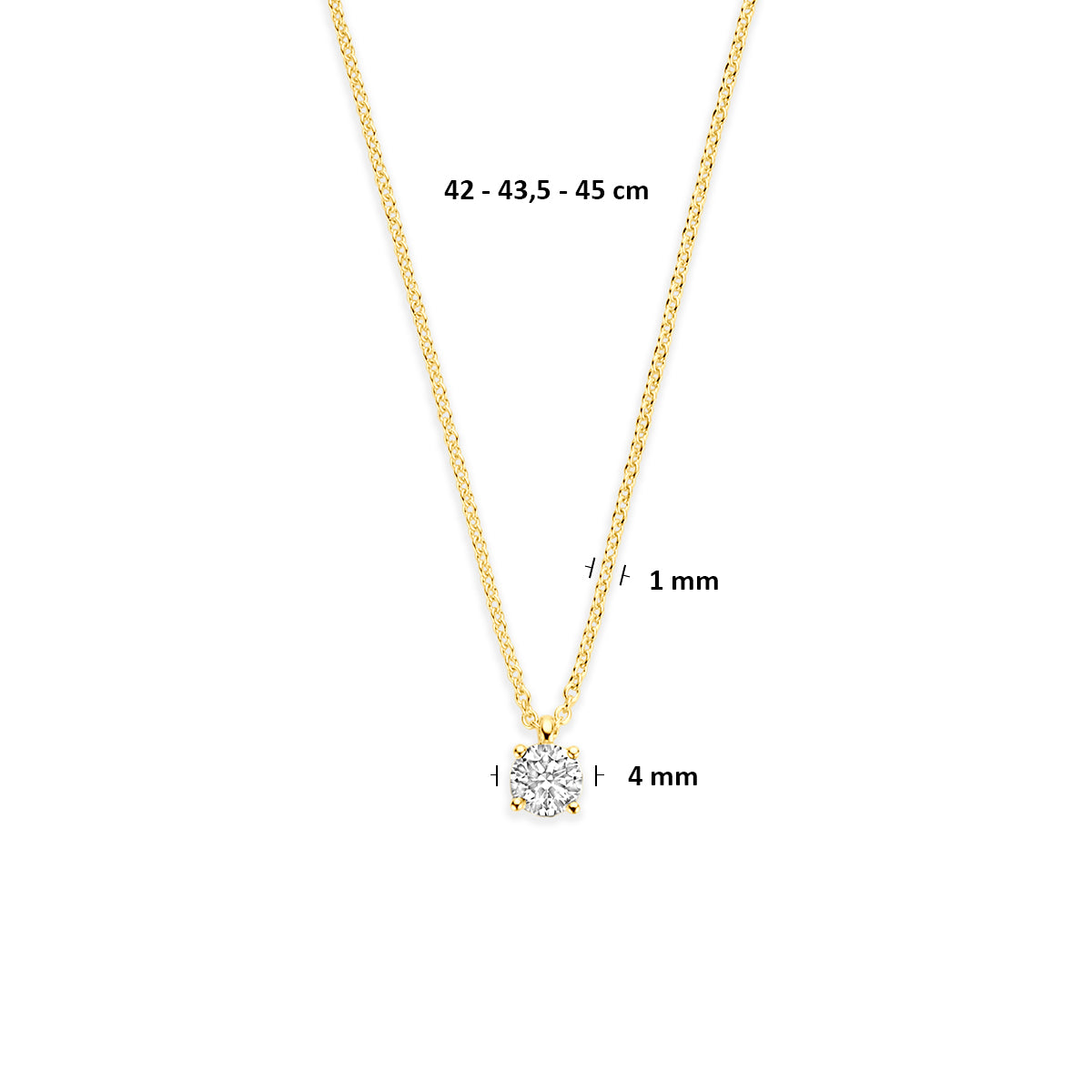 Gouden ketting met diamant: afmetingen van de 14 karaat geelgouden ketting met diamant 0,25 ct, lengte 42 - 43,5 - 45 cm (verstelbaar).