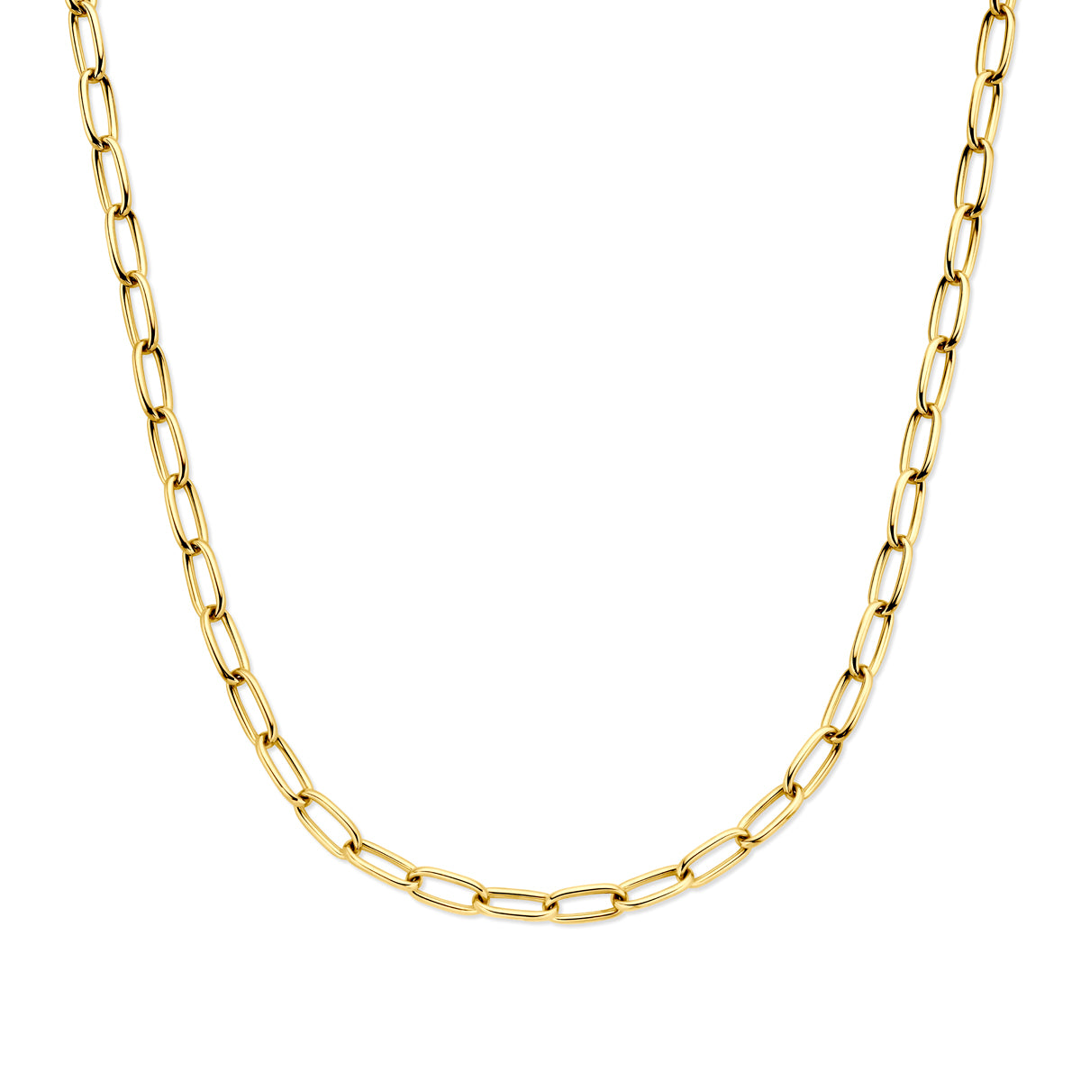 Gouden schakelketting: vooraanzicht van de 14 karaat geelgouden ketting met een schakel van 7,0 mm breed.