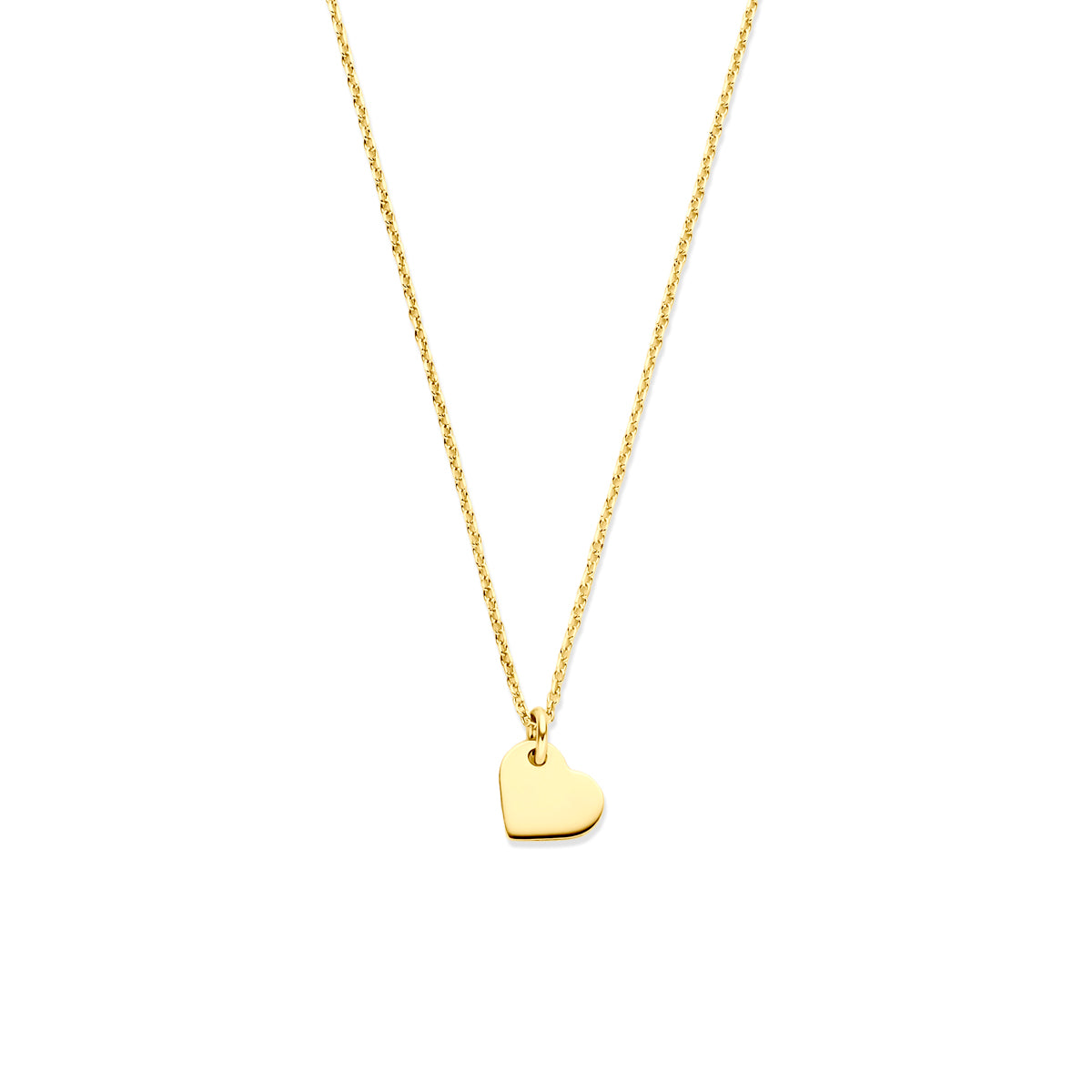 Gouden ketting met hartje: vooraanzicht van de 14 karaat geelgouden ketting met hartje.