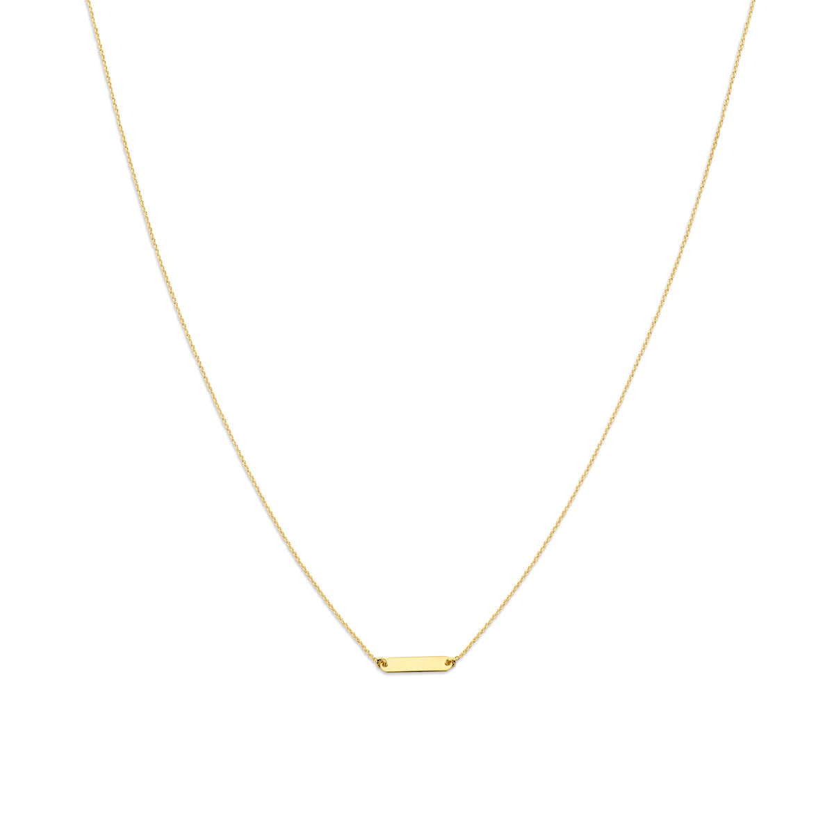 Vooraanzicht van de 14 karaat geelgouden ketting met graveerplaatje, 3,6 mm hoog en 16 mm breed.