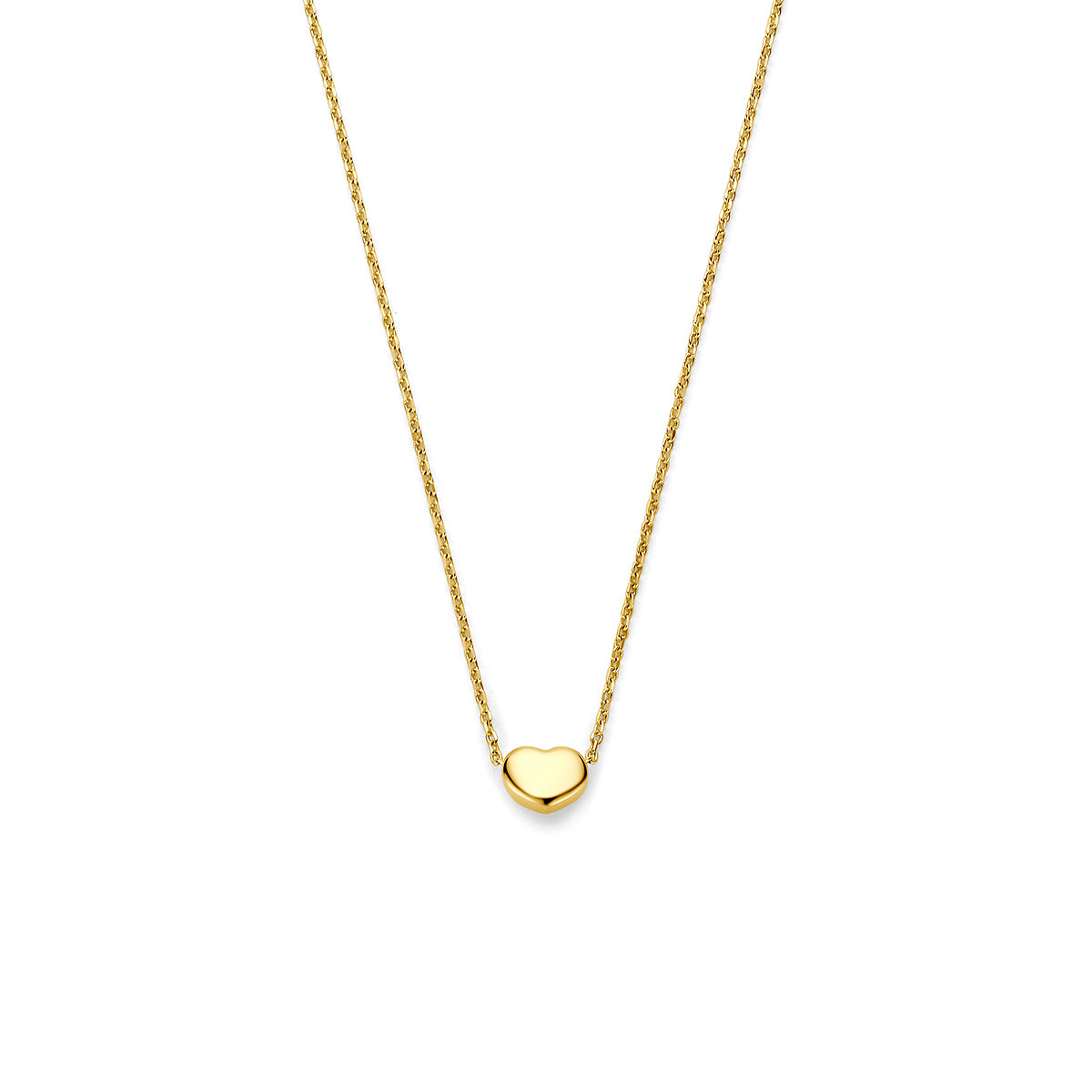 Vooraanzicht van de 14 karaat geelgouden ketting met hartje, 4,5 mm hoog en 6 mm breed.