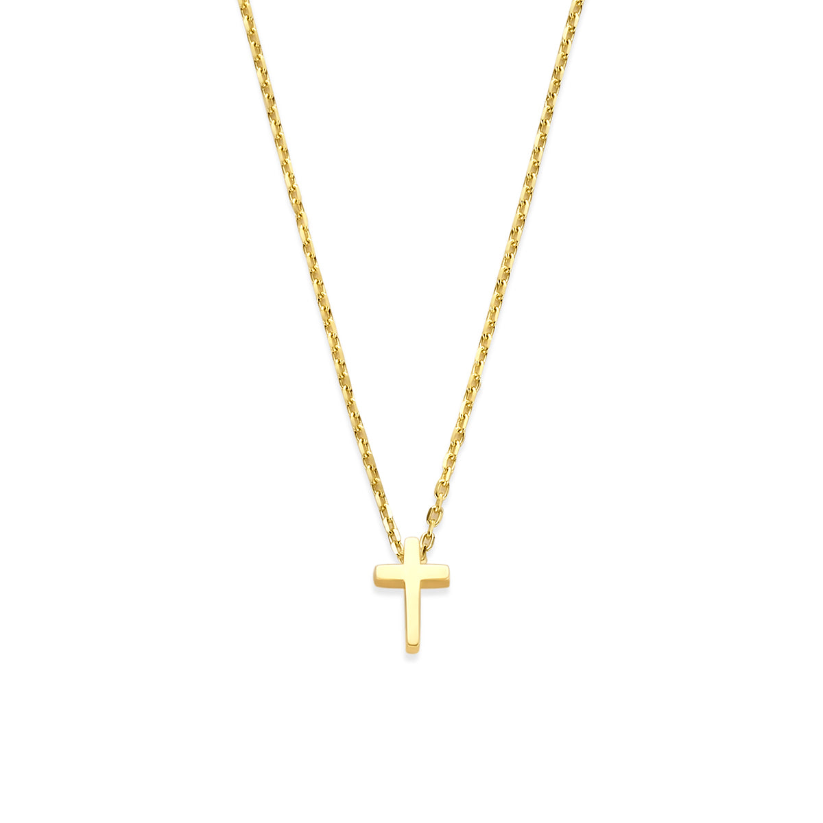 Vooraanzicht van de 14 karaat geelgouden ketting met kruisje, 7,5 mm hoog en 5 mm breed.