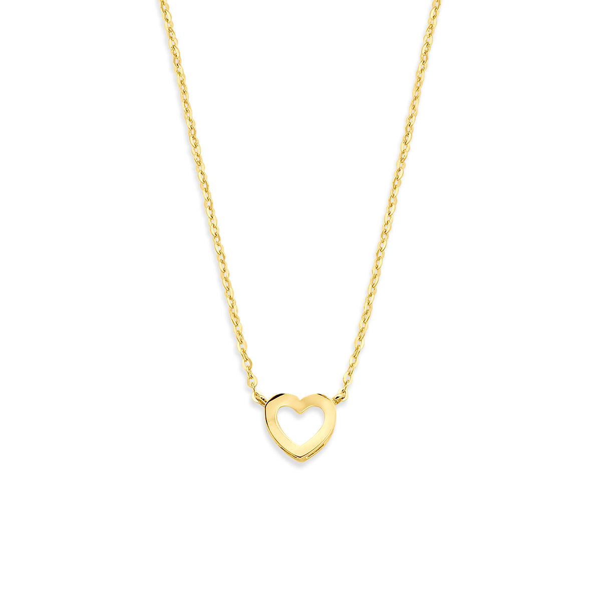 Vooraanzicht van de 14 karaat geelgouden ketting met open hartje, 6,5 mm hoog en 7 mm breed.