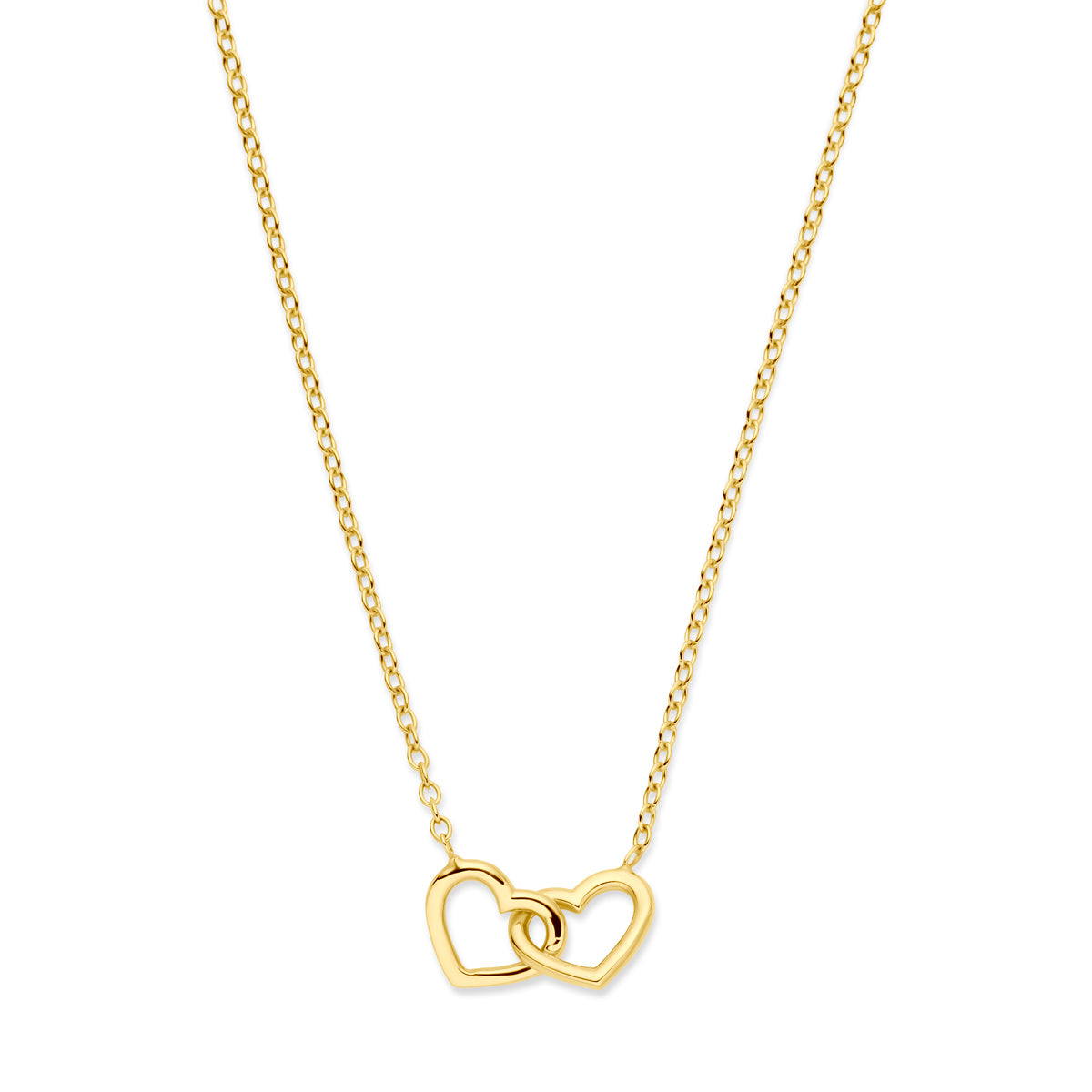 Vooraanzicht van de 14 karaat geelgouden ketting met twee hartjes, 7,5 mm hoog en 8 mm breed.