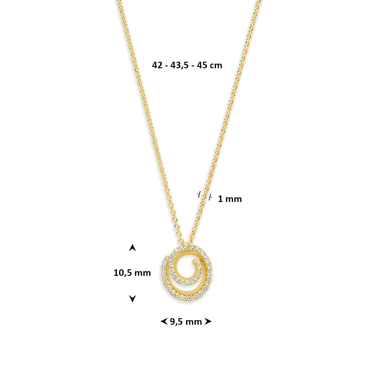Gouden ketting met diamant: afmetingen van de 14 karaat geelgouden ketting met rondje en diamant 0,13 ct, hanger van 10,5 mm en lengte 42 - 43,5 - 45 cm (verstelbaar).