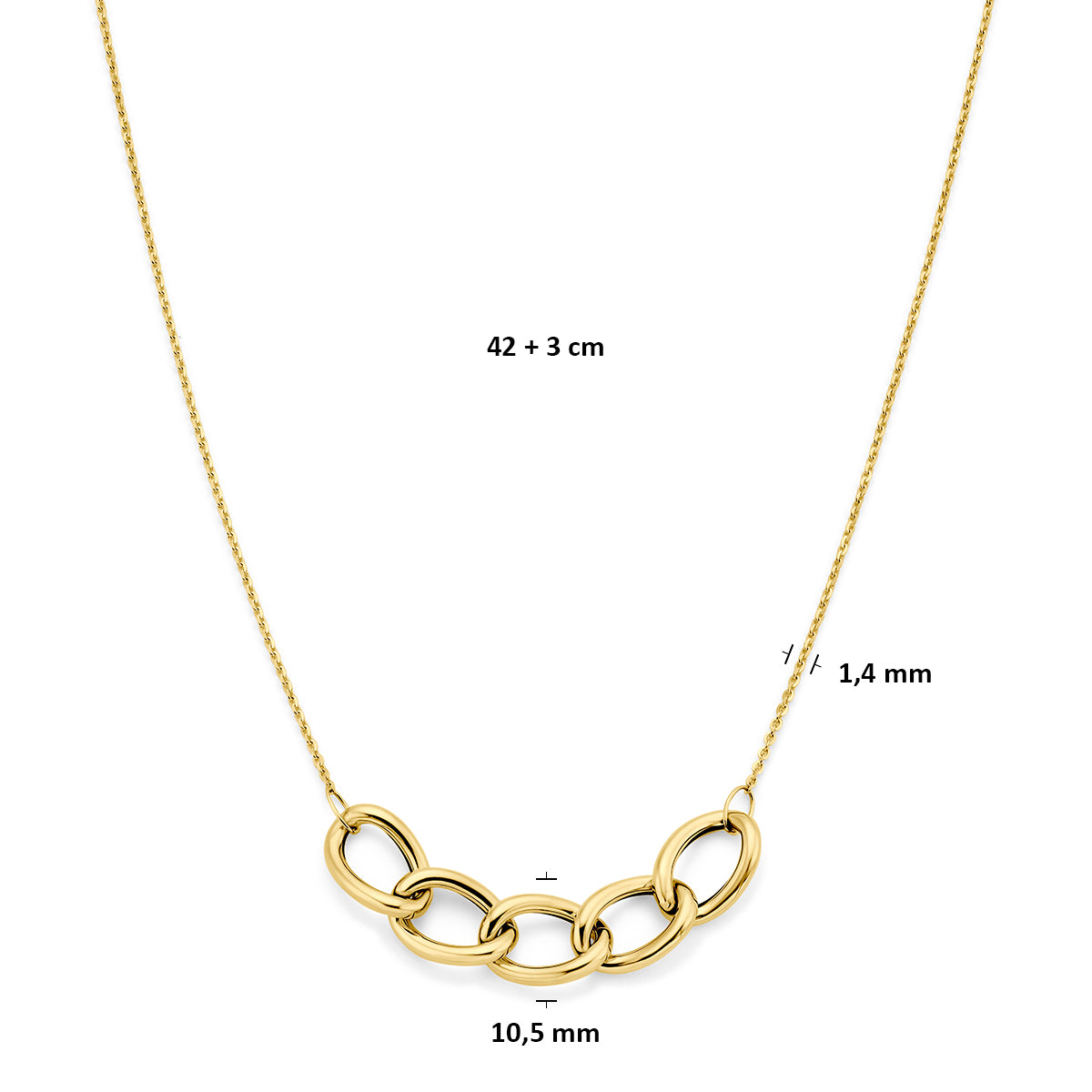 Gouden collier: afmetingen van de 14 karaat geelgouden ketting met schakelmiddenstuk, lengte 42 + 3 cm (verstelbaar).