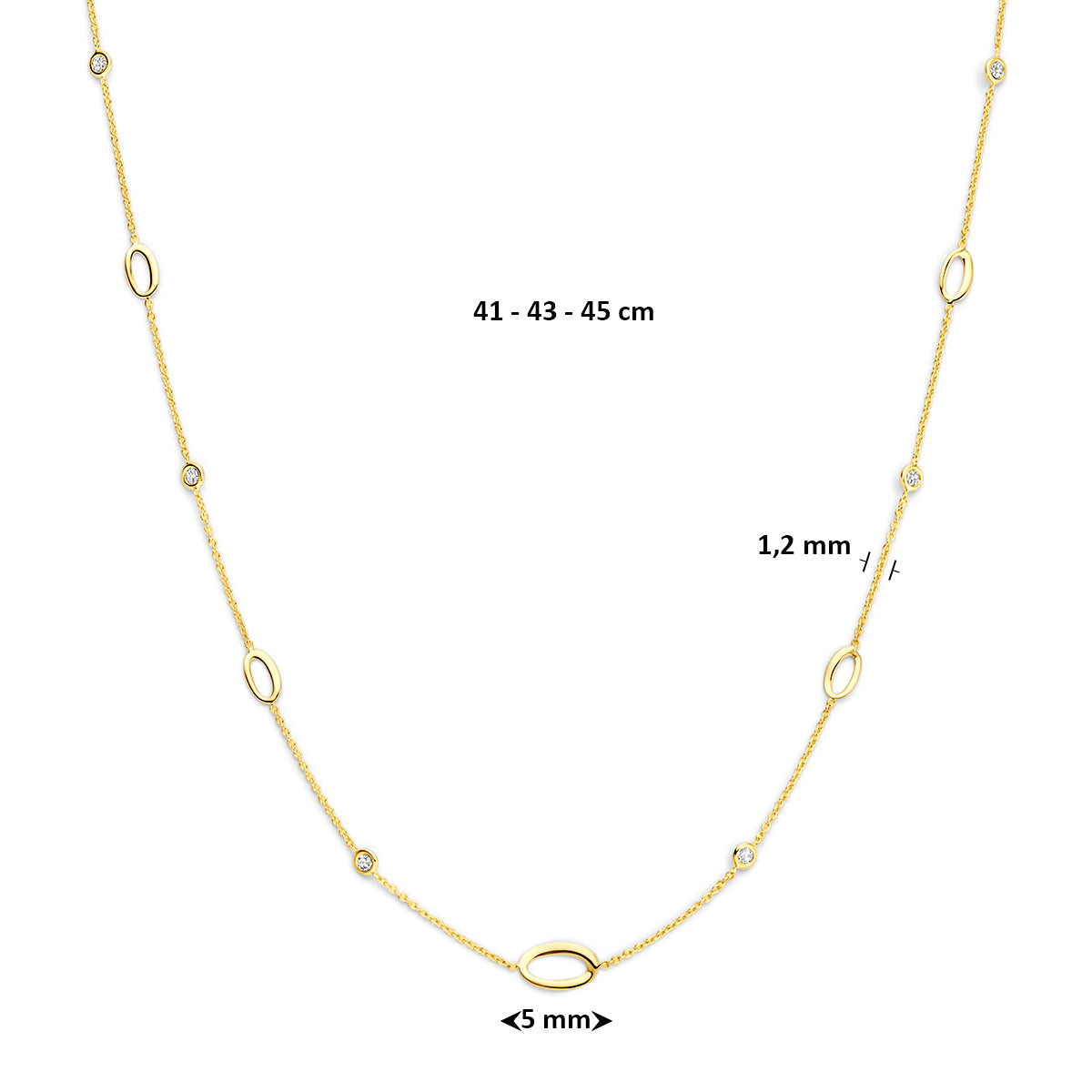 Gouden collier: afmetingen van de 14 karaat geelgouden ketting met zirkonia, lengte 41 - 43 - 45 cm (verstelbaar).