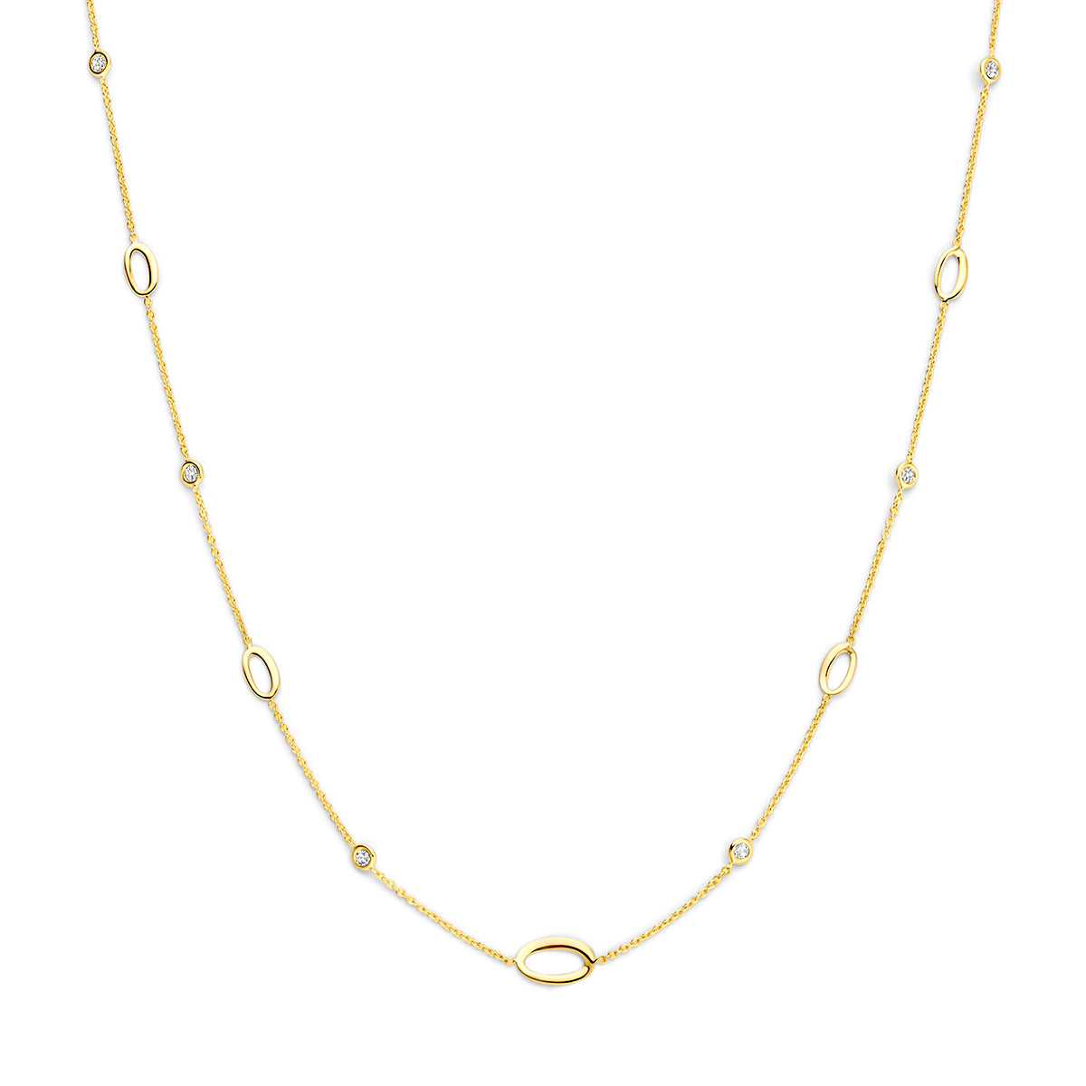 Gouden collier: vooraanzicht van de 14 karaat geelgouden ketting met zirkonia.