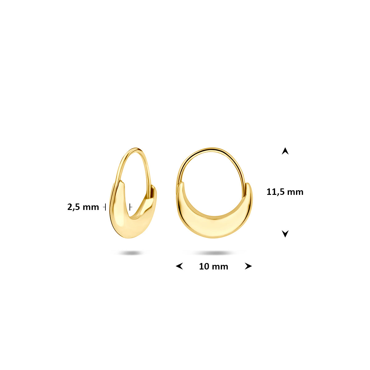 Technische afbeelding van de 14 karaat geelgouden klapoorringen met afmetingen, 11,5 mm hoog en 10 mm breed.