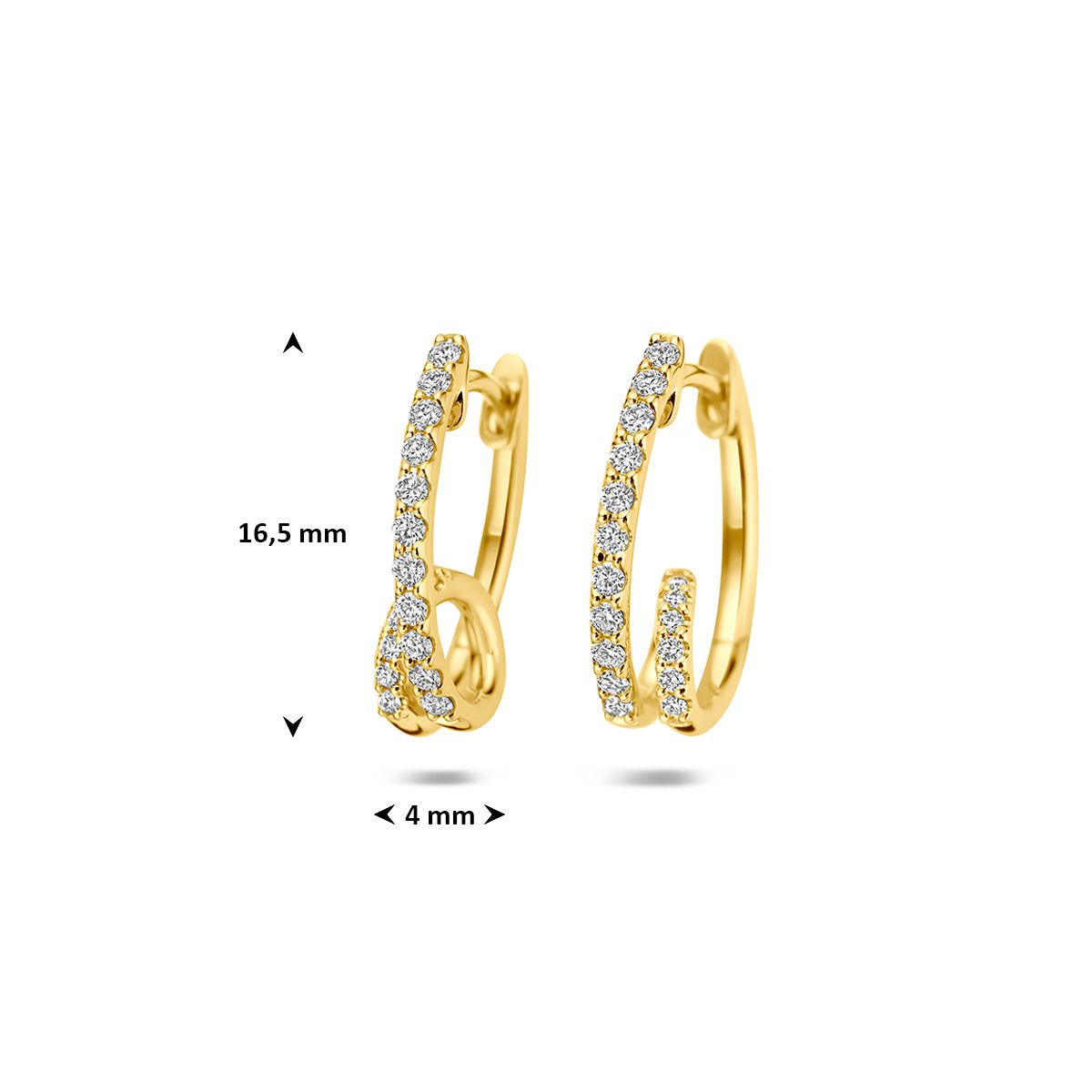 Gouden oorringen met diamant: afmetingen van de 14 karaat geelgouden klapoorringen met diamant 0,32 ct, 16,5 mm hoog en 4,0 mm breed.