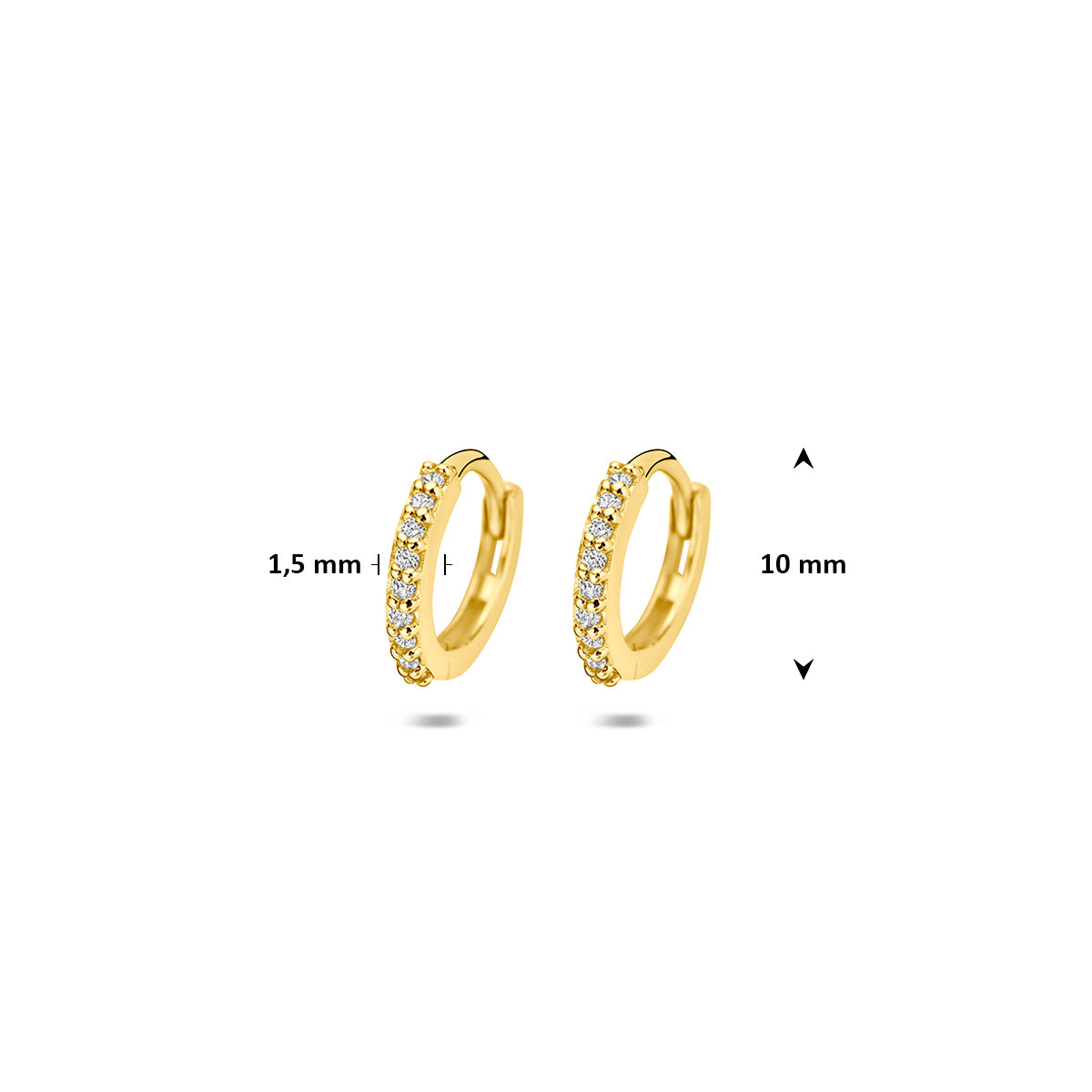 Gouden oorringen met zirkonia: afmetingen van de 14 karaat geelgouden klapoorringen met rij zirkonia, doorsnee 10,0 mm, 10,0 mm doorsnee.