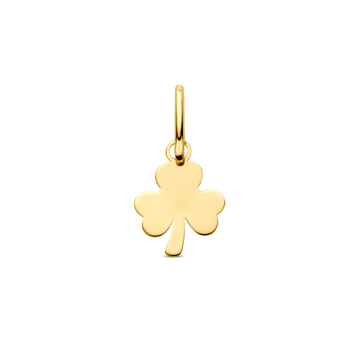 Vooraanzicht van de 14 karaat geelgouden klavertje hanger, 13 mm hoog en 7 mm breed.