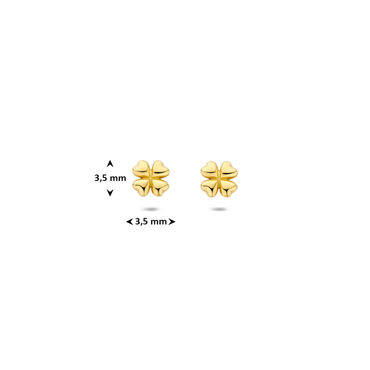 Technische afbeelding van de 14 karaat geelgouden klavertje oorknopjes met afmetingen, 3,5 mm hoog en 3,5 mm breed.