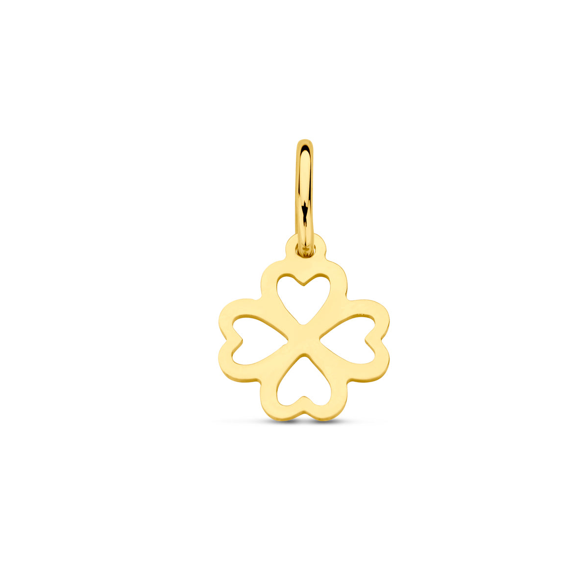 Vooraanzicht van de 14 karaat geelgouden klavertje vier hanger, 14 mm hoog en 8,5 mm breed.