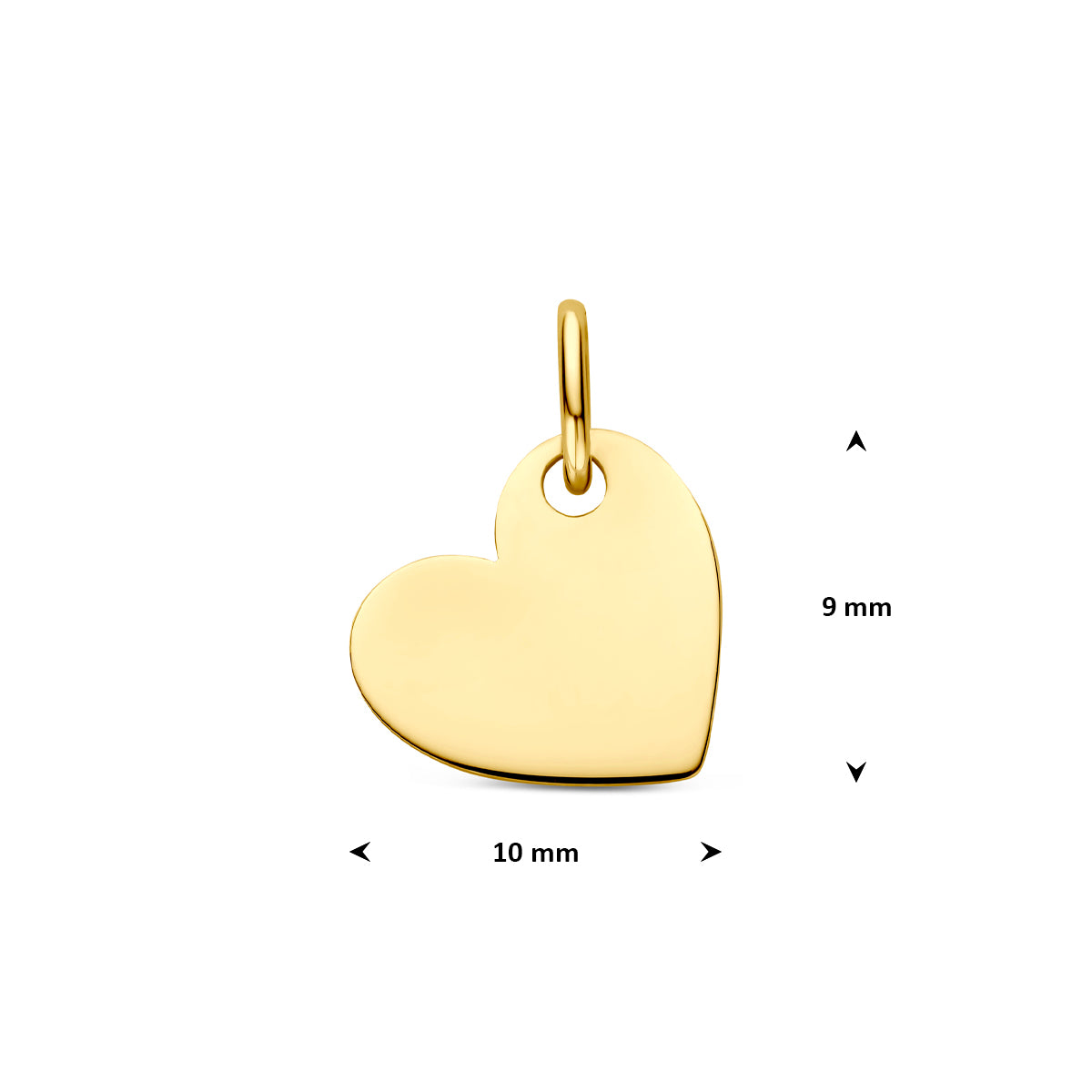 Technische afbeelding van de 14 karaat geelgouden kleine graveerhanger hartje met afmetingen, 9 mm hoog en 10 mm breed.