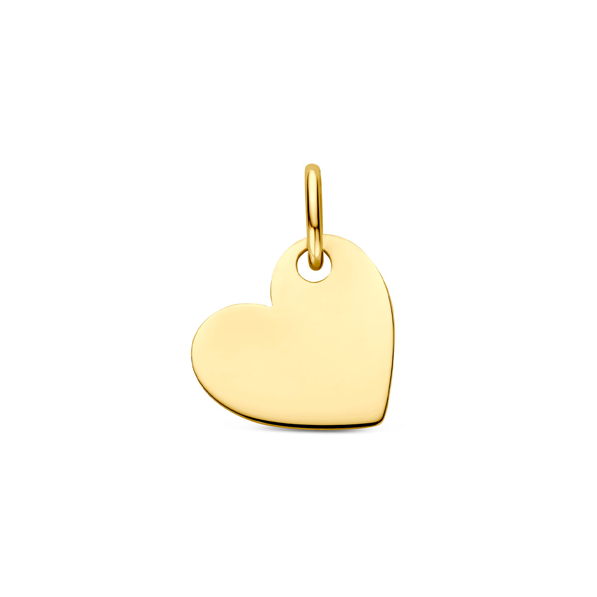 Vooraanzicht van de 14 karaat geelgouden kleine graveerhanger hartje, 9 mm hoog en 10 mm breed.