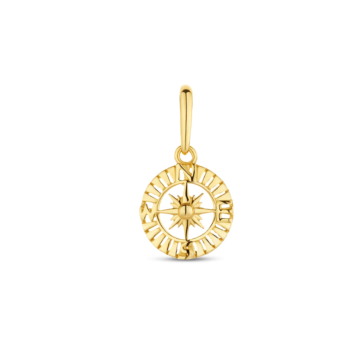 Vooraanzicht van de 14 karaat geelgouden kompas hanger, 15 mm hoog en 8 mm doorsnede.