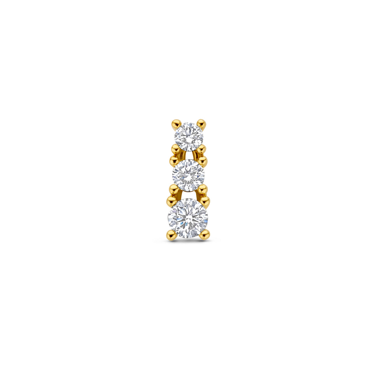 Vooraanzicht van de 14 karaat geelgouden lab grown diamant hanger 0,50 ct, 12,5 mm hoog en 4,5 mm breed.