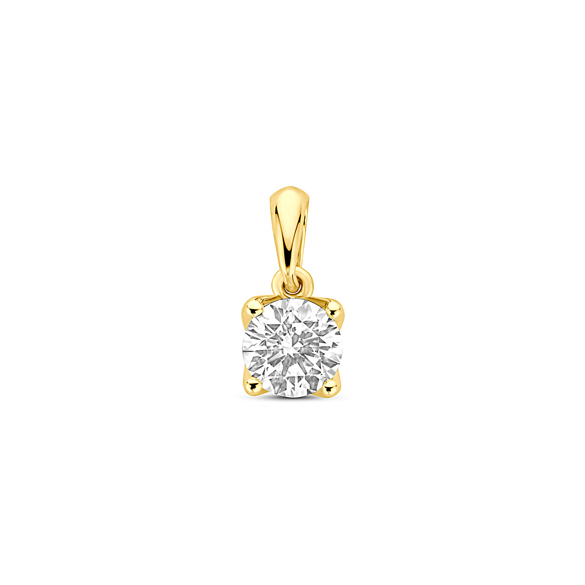 Vooraanzicht van de 14 karaat geelgouden lab grown diamant hanger 0,50 ct, 10 mm hoog en 5 mm breed.