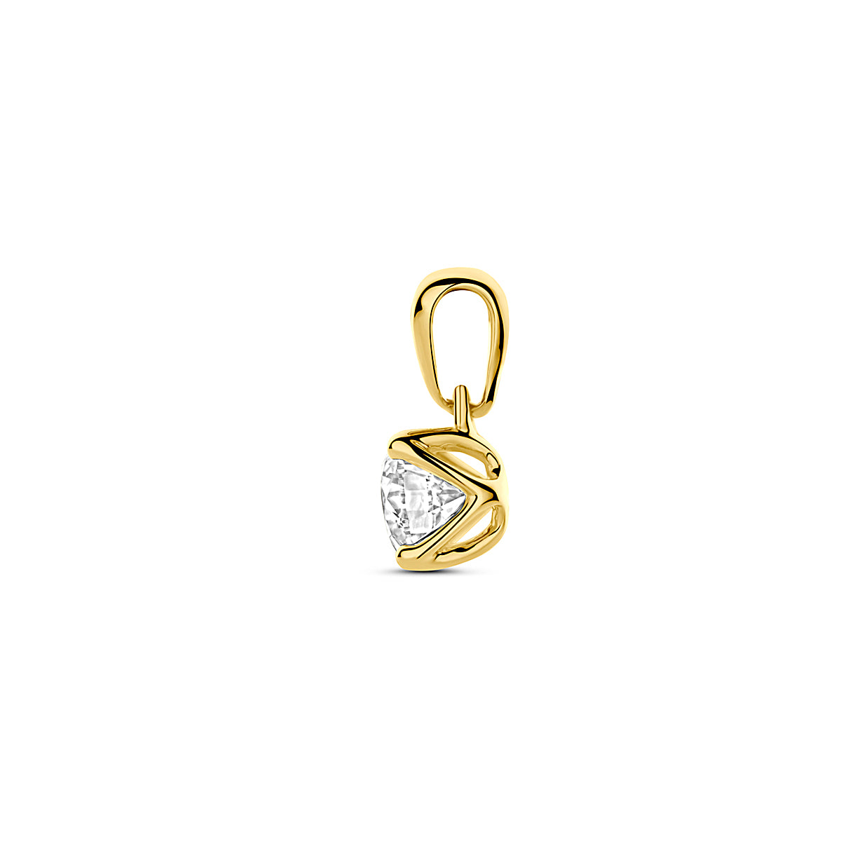 Zijaanzicht van de 14 karaat geelgouden lab grown diamant hanger 0,50 ct, zodat de diepte van het sieraad zichtbaar is.
