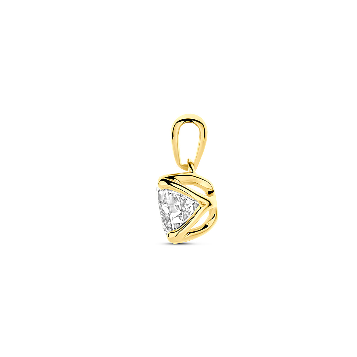 Zijaanzicht van de 14 karaat geelgouden lab grown diamant hanger 1,00 ct, zodat de diepte van het sieraad zichtbaar is.