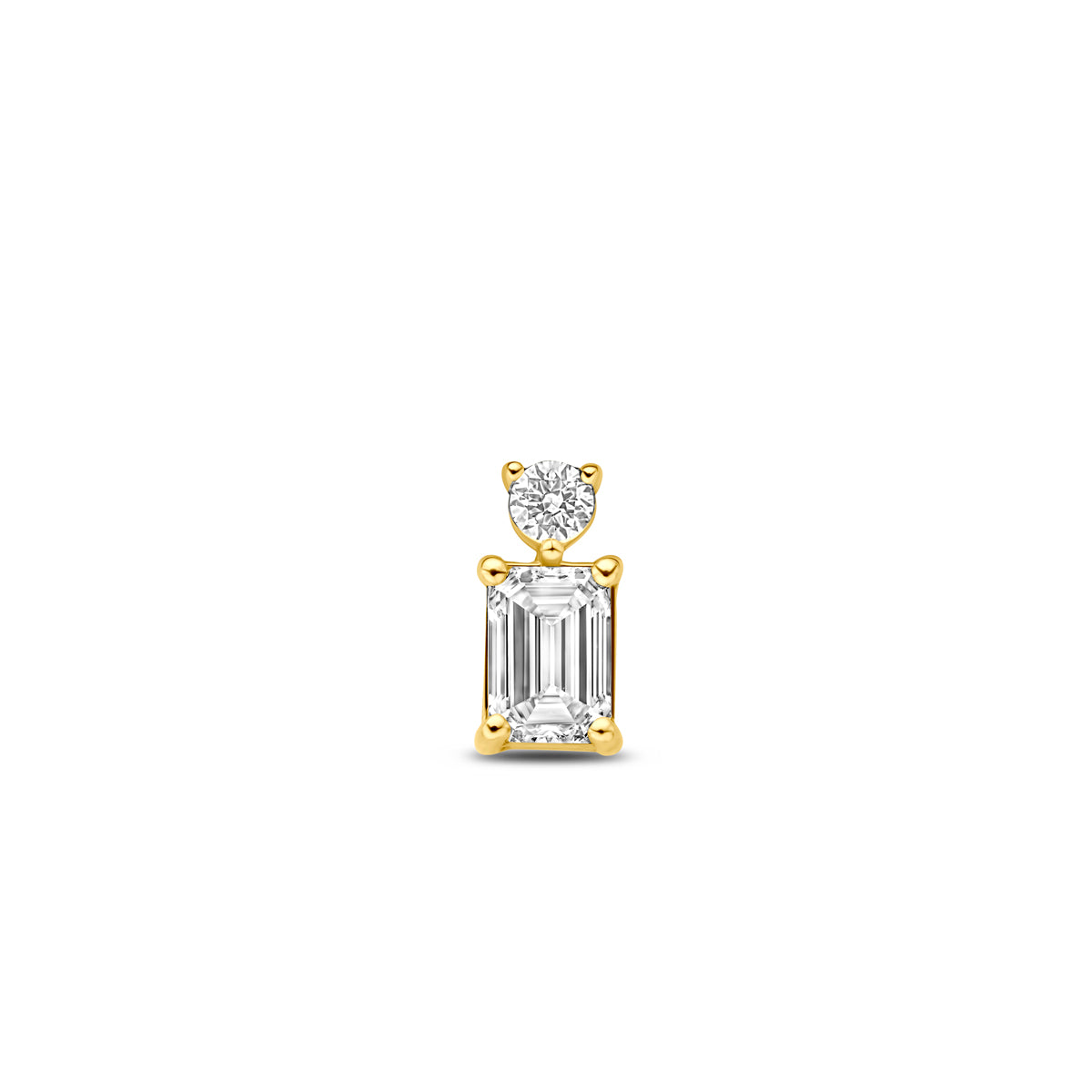 Vooraanzicht van de 14 karaat geelgouden lab grown diamant hanger emerald 0,33 ct, 7,5 mm hoog en 4 mm breed.