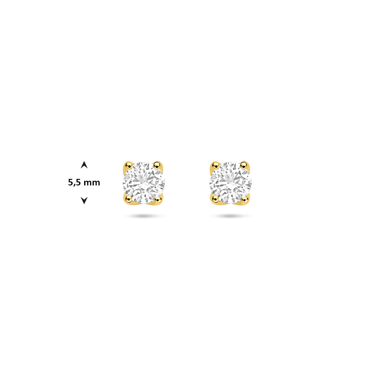 Technische afbeelding van de 14 karaat geelgouden lab grown diamant oorknopjes 1,00 ct met afmetingen, 5,5 mm doorsnede.