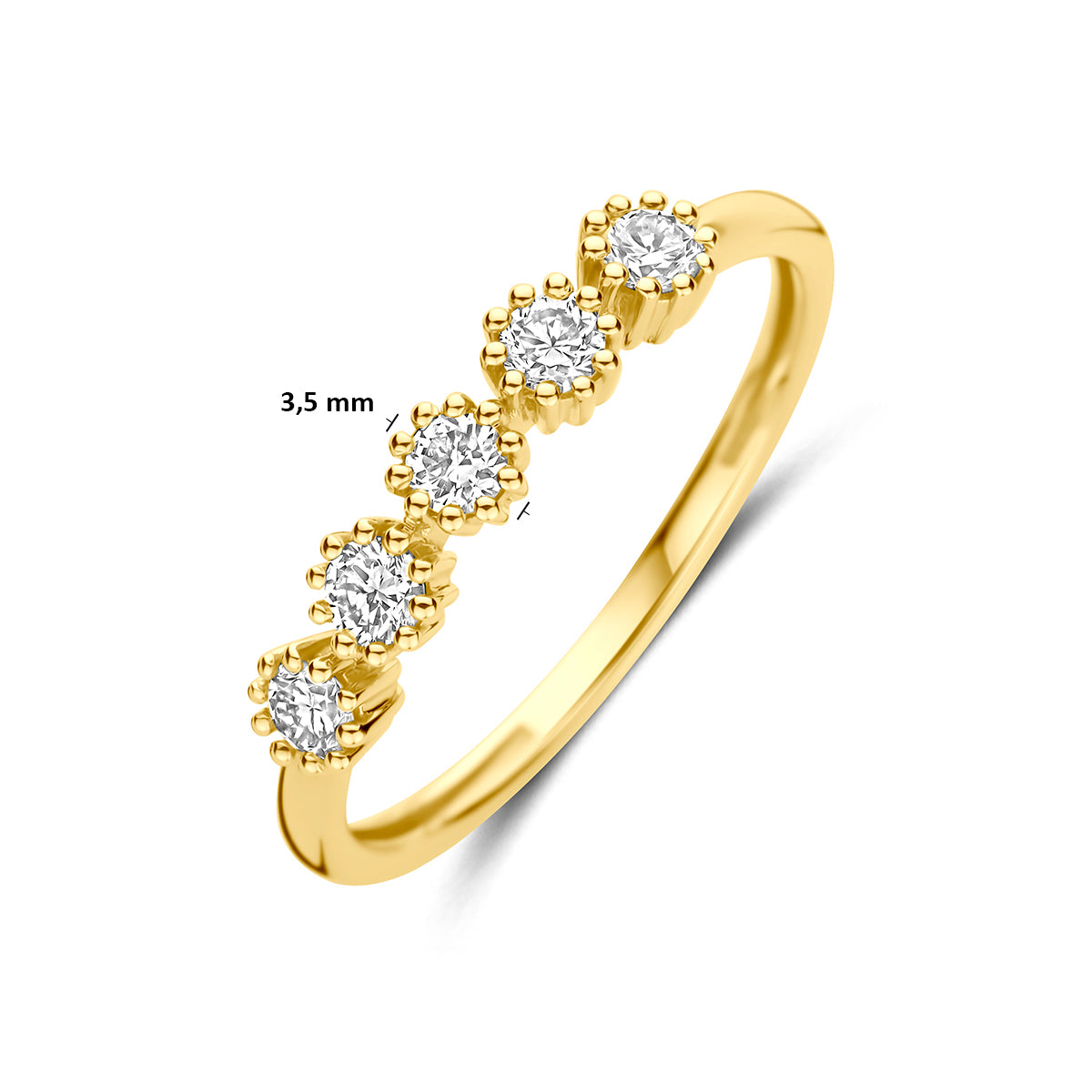 Lab grown ring: afmetingen van de geelgouden ring met vijf lab grown diamanten van 14 karaat, 0,30 ct, verkrijgbaar in ringmaat 16½ (52) tot 18½ (58).