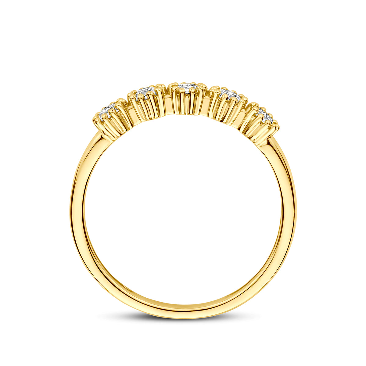 Lab grown ring: zijaanzicht van de geelgouden ring met vijf lab grown diamanten van 14 karaat, 0,30 ct.