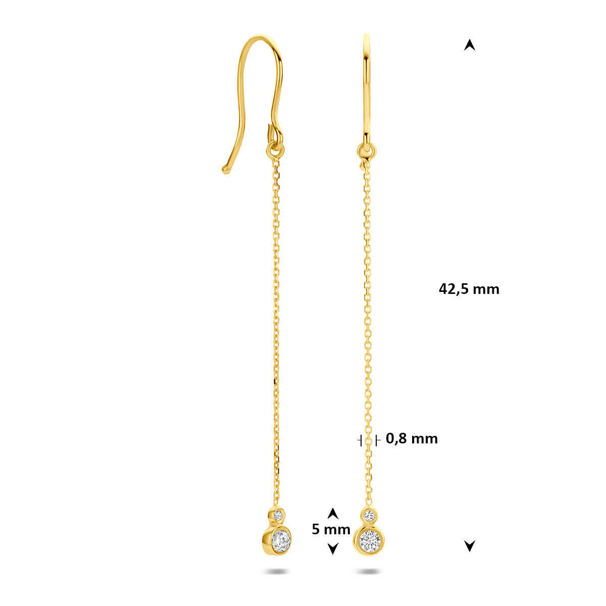 Gouden oorhangers: afmetingen van de 14 karaat geelgouden lange oorhangers met zirkonia, 42,5 mm hoog en 3,5 mm breed.