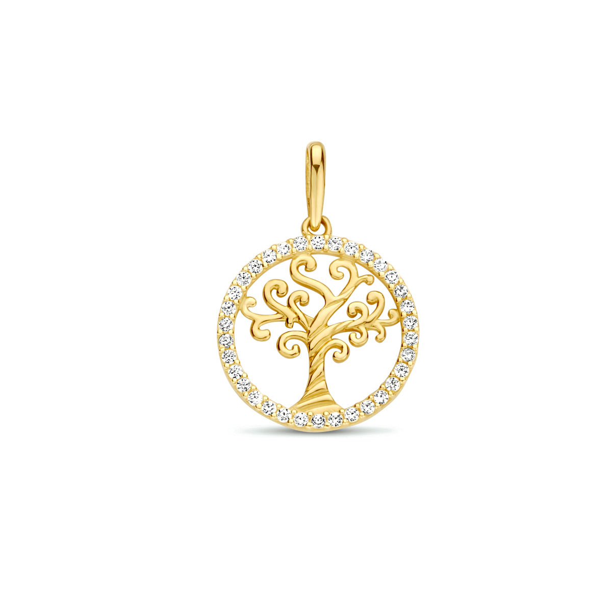 Vooraanzicht van de 14 karaat geelgouden levensboom hanger met zirkonia, 20 mm hoog en 13,3 mm doorsnede.