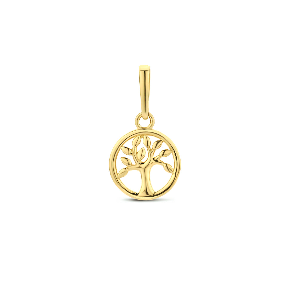 Vooraanzicht van de 14 karaat geelgouden levensboom hanger, 14 mm hoog en 7,5 mm doorsnede.
