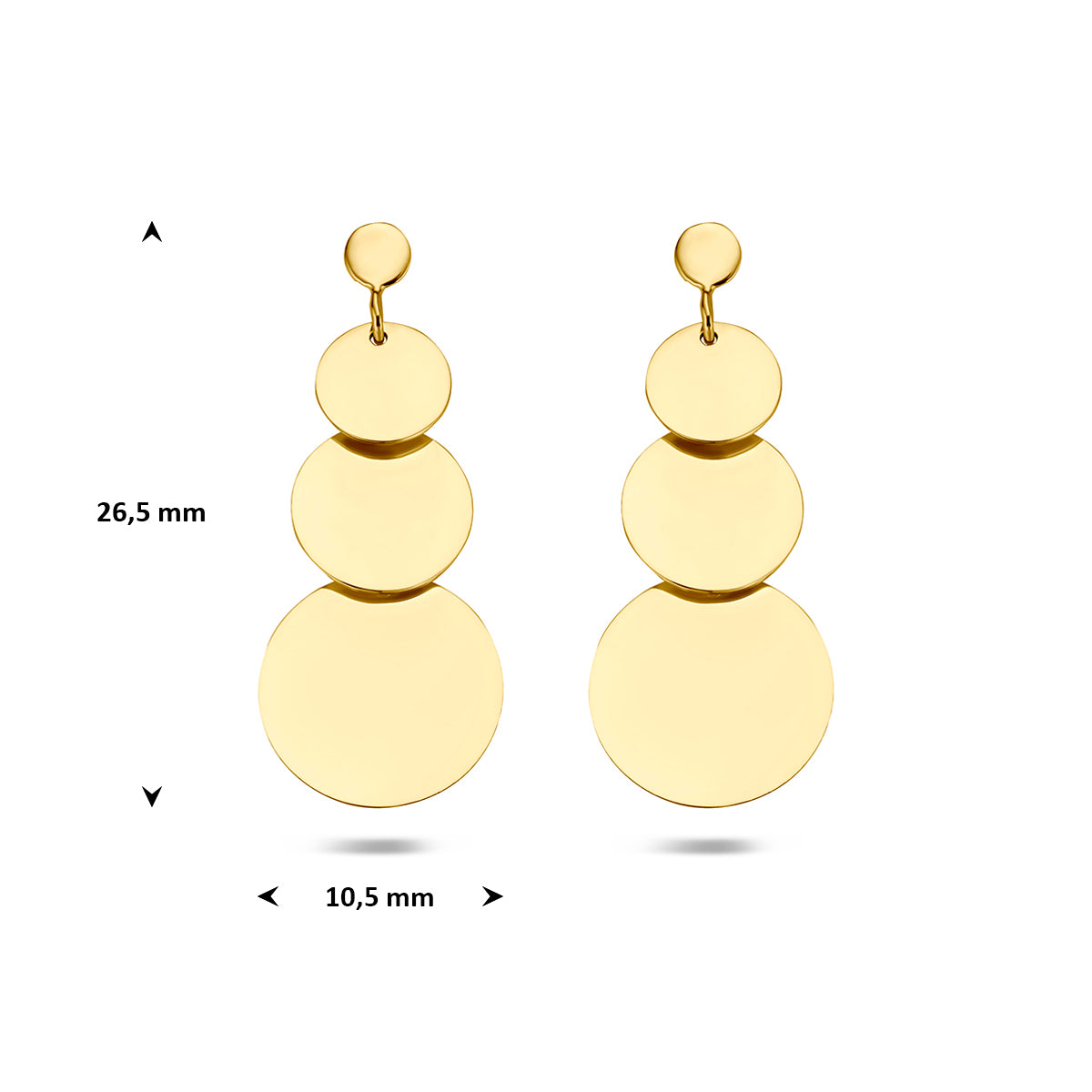Gouden oorhangers: afmetingen van de 14 karaat geelgouden oorhangers met drie rondjes, 26,5 mm hoog en 10,5 mm breed.