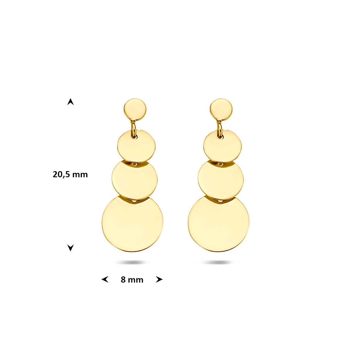 Gouden oorhangers: afmetingen van de 14 karaat geelgouden oorhangers met drie rondjes, 20,5 mm hoog en 8,0 mm breed.