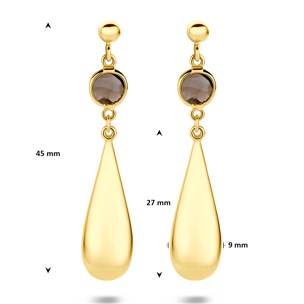 Druppel oorbellen: afmetingen van de 14 karaat geelgouden oorhangers met druppel en rookkwarts, 45,0 mm hoog en 9,0 mm breed.