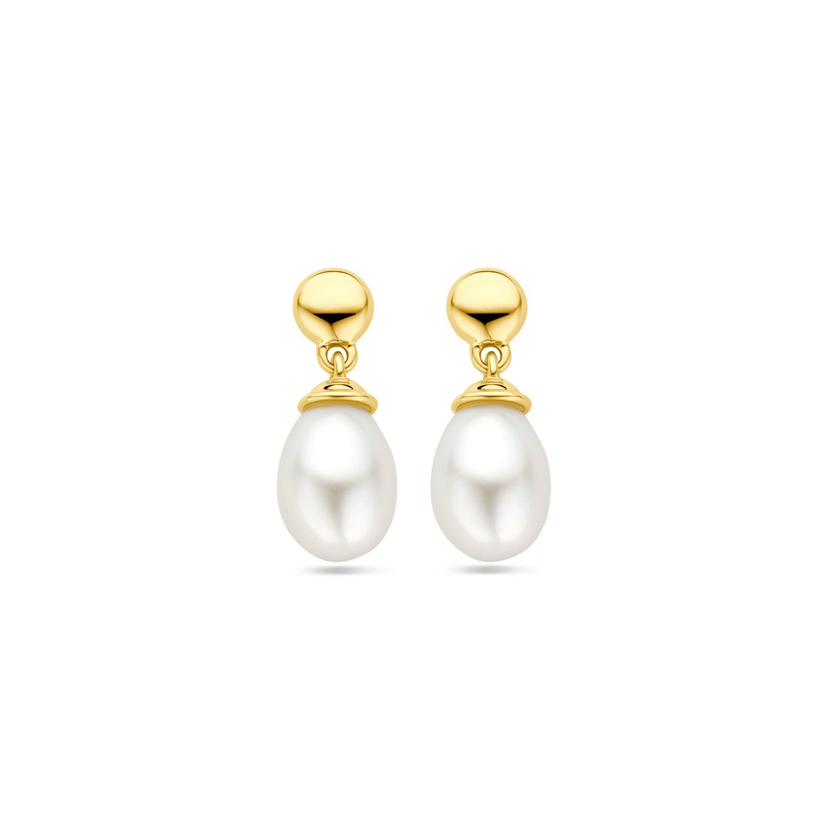 Vooraanzicht van de 14 karaat geelgouden oorhangers druppelparel, 15 mm hoog en 6,5 mm breed.
