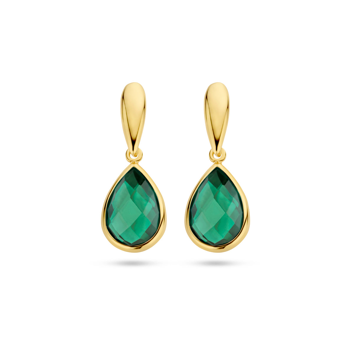 Vooraanzicht van de 14 karaat geelgouden oorhangers groene agaat druppels, 20 mm hoog en 7,5 mm breed.