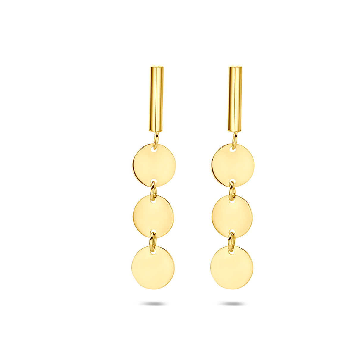 Vooraanzicht van de 14 karaat geelgouden oorhangers rondjes, 20,5 mm hoog en 4,5 mm breed.