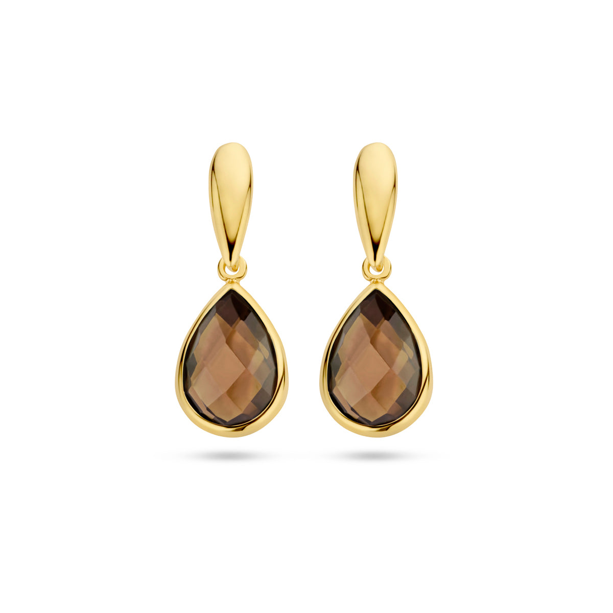 Vooraanzicht van de 14 karaat geelgouden oorhangers rookkwarts druppels, 20 mm hoog en 7,5 mm breed.