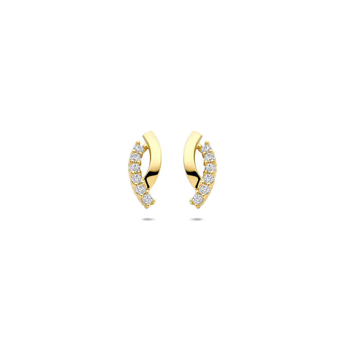 Vooraanzicht van de 14 karaat geelgouden oorknopjes met zirkonia, 10,5 mm hoog en 4 mm breed.