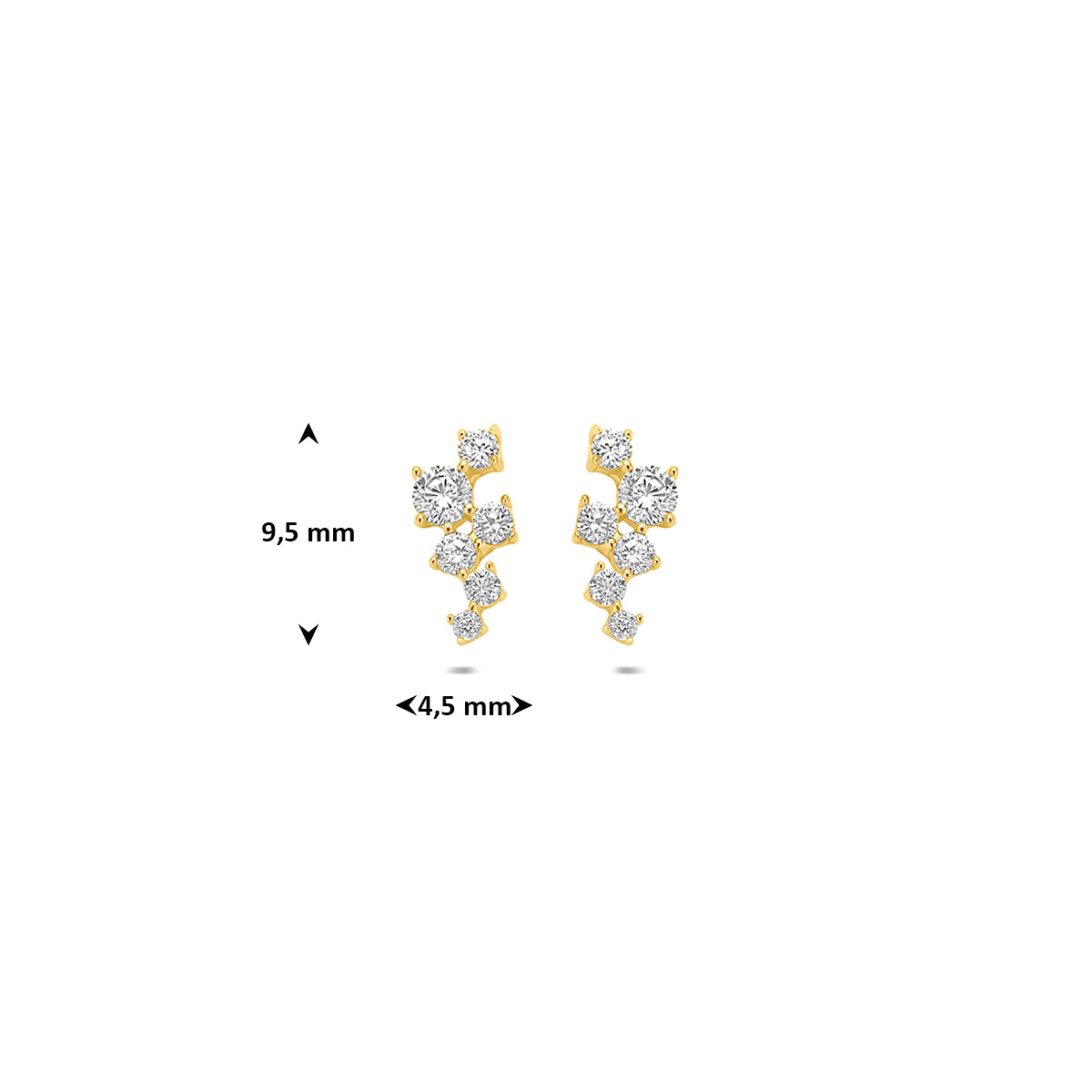 Gouden oorknopjes met zirkonia: afmetingen van de 14 karaat geelgouden oorknopjes met zirkonia rankje, 9,5 mm hoog en 4,5 mm breed.