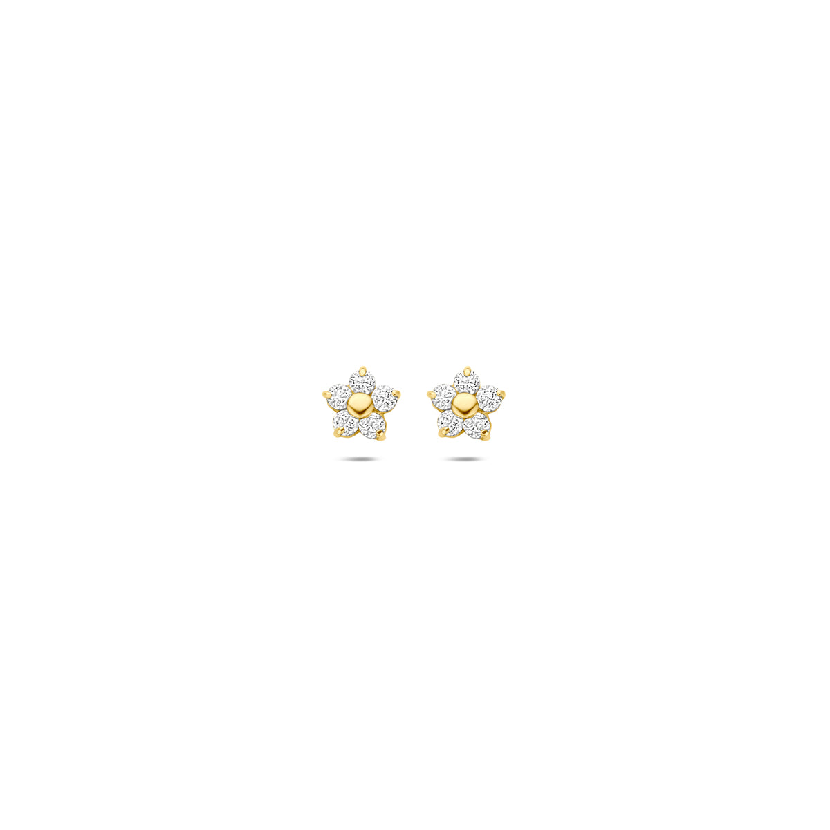 Vooraanzicht van de 14 karaat geelgouden oorknoppen bloem, 4,5 mm hoog en 4,5 mm breed.